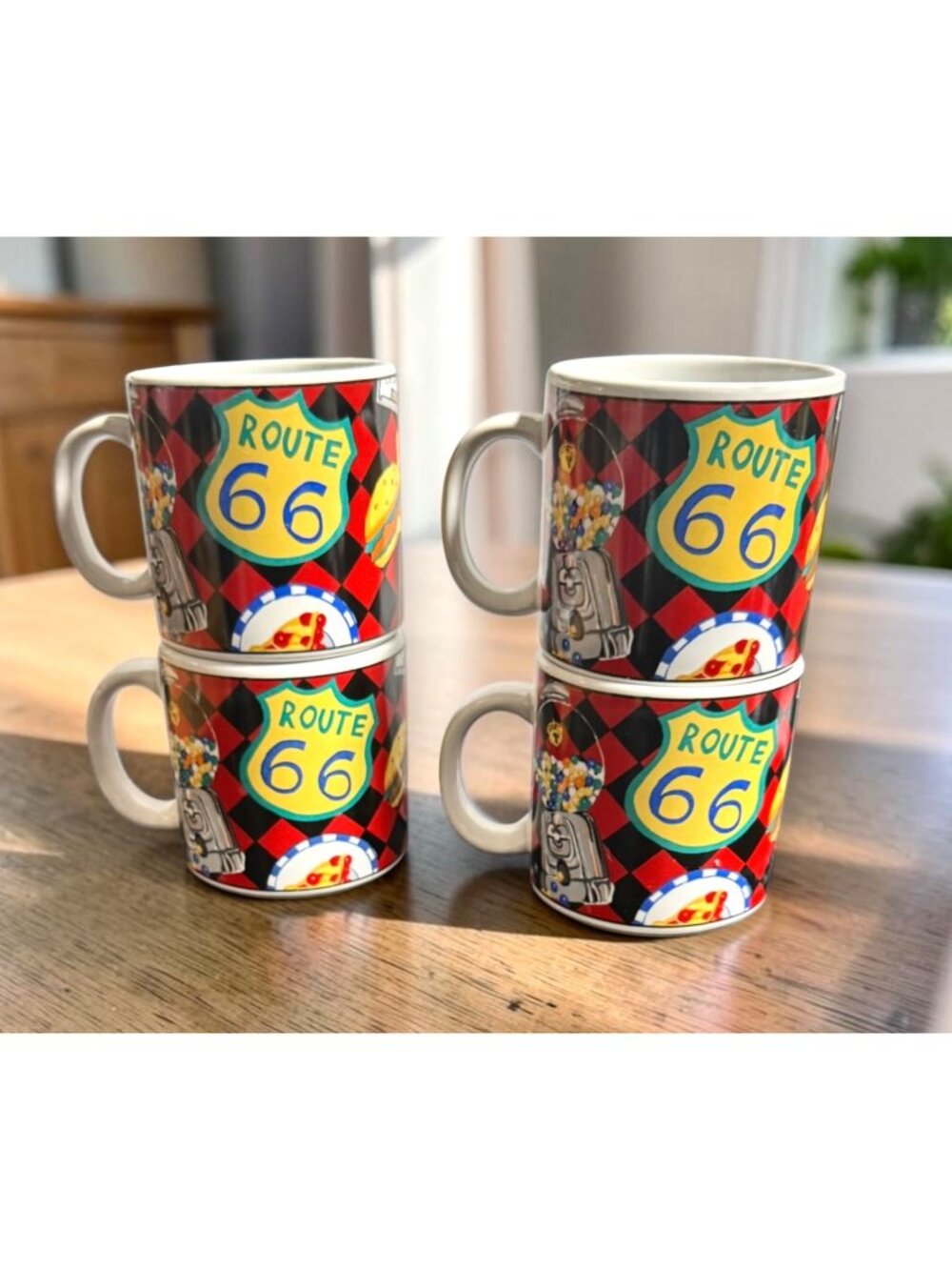 Set Of 4 Route 66 Retro Diner-Themed Ceramic Coffee Mugs - Black & Red Pattern